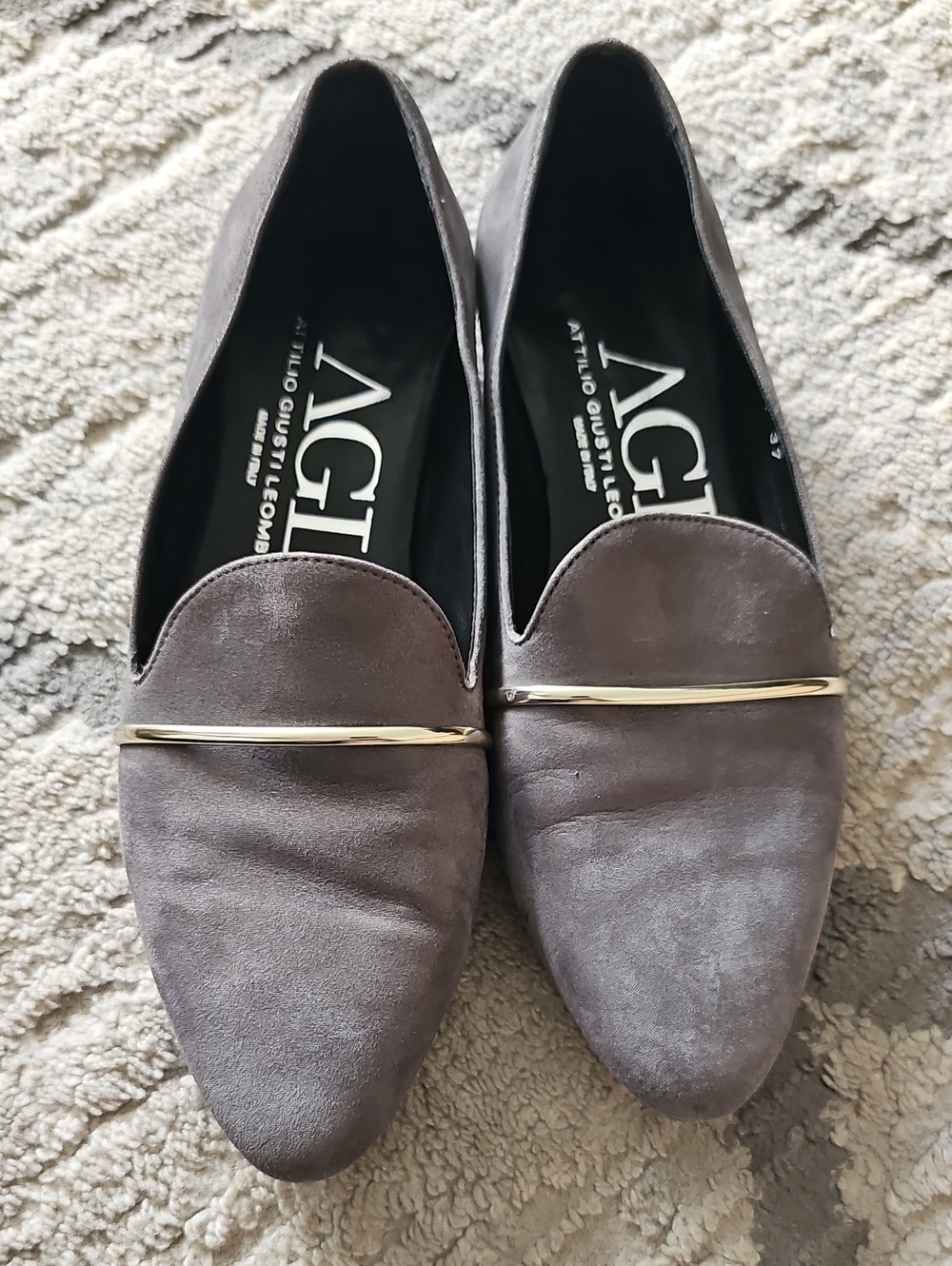 AGL Taupe Suede Pointed Toe Loafers with Gold Bar